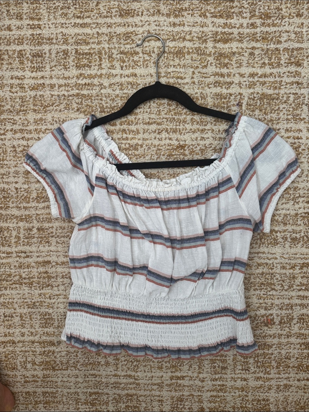 Off-Shoulder Striped Smocked Waist Women’s Top - White with Blue & Rust Stripes